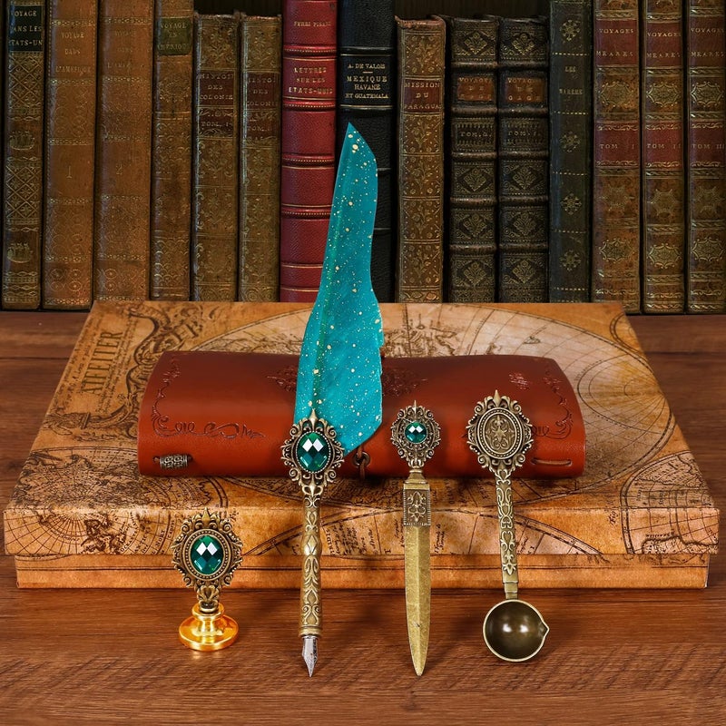 Aifeiter Quill Pen and Ink Set, Feather Calligraphy Set With Wax Seal Stamp, Notebook - Beautiful Gift for Christmas - Green - Image 2